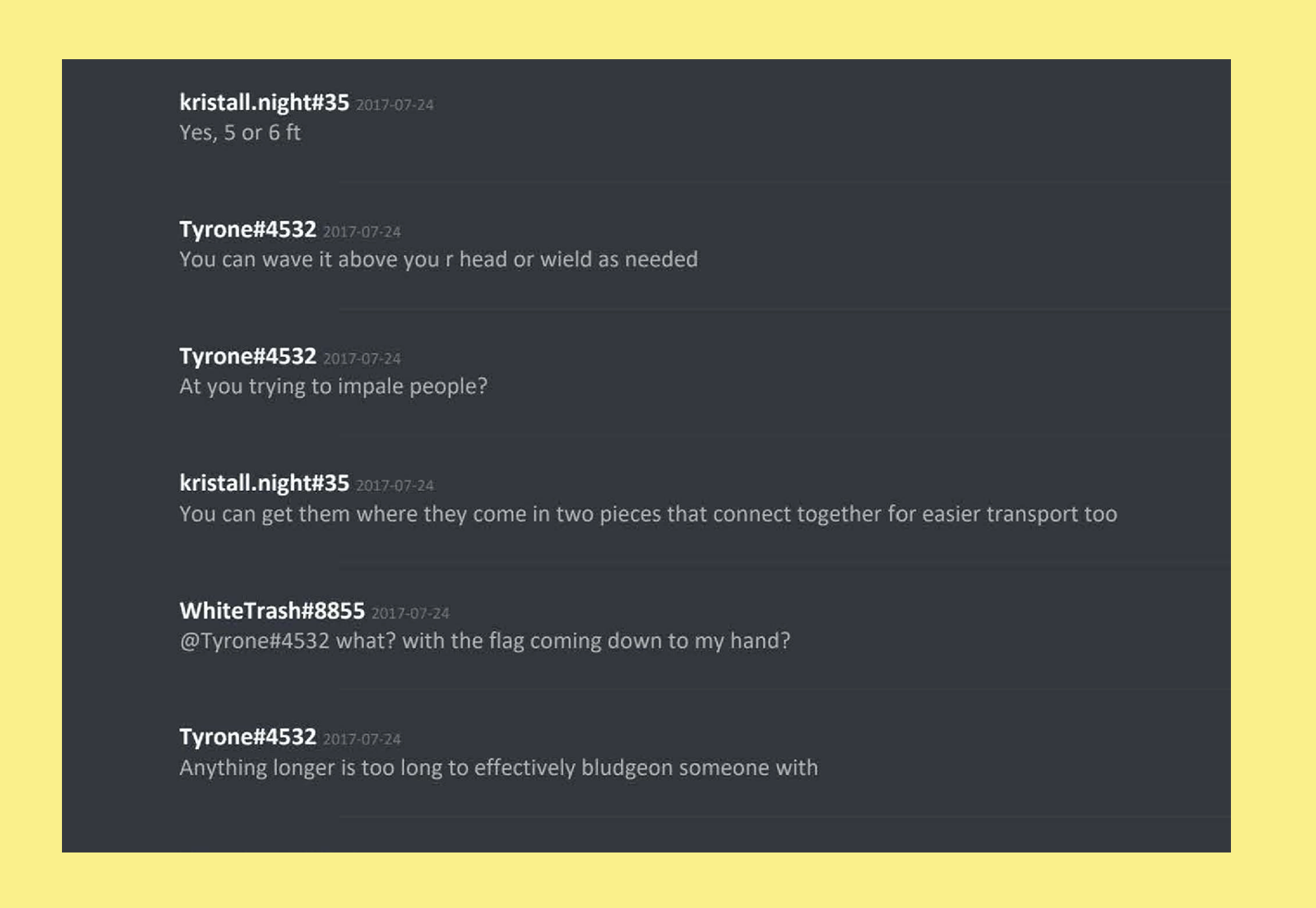 Discord exchange in which Michael Chesny provides advice on using a flagpole as a weapon