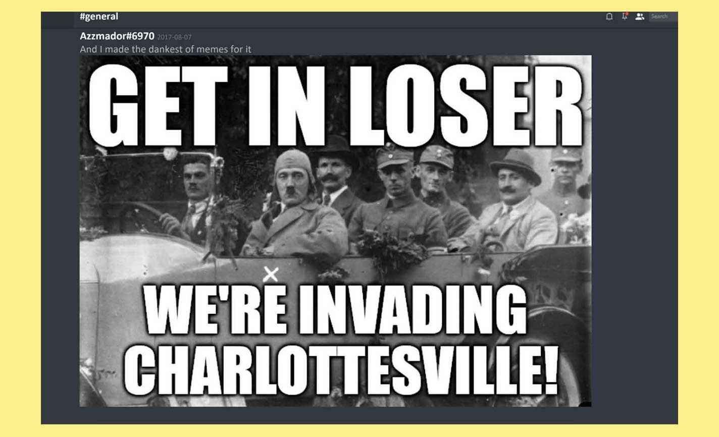A meme showing Hitler and Nazis in a car with the caption: Get in loser, we're invading Charlottesville